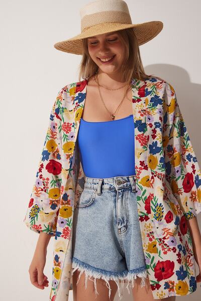 Happiness İstanbul Rot-gelb gemusterter Kimono aus Leinen-Viskose für Damen B...