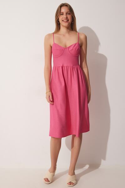 Happiness İstanbul Női sötét rózsaszín pántos nyári kötött ruha TO00064