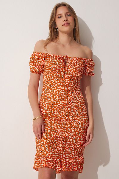 Happiness İstanbul Women's Orange Gathered Carmen Collar Knitted Dress FF00130