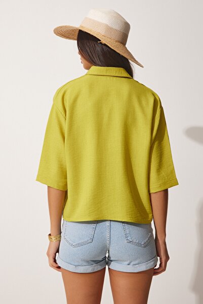 Happiness İstanbul Dámská Oil Green Pocket Ayrobin Crop Shirt MW00118