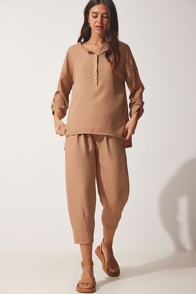 Happiness İstanbul Damen Biscuit Fließende Ayrobin Bluse Baggy Hose Anzug DP00183