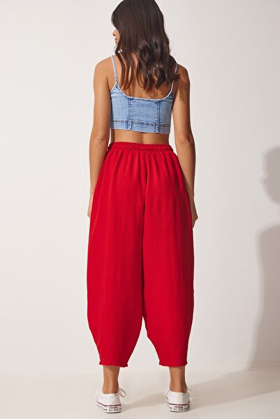 Happiness İstanbul Női piros zsebes vászon viszkóz Shalwar nadrág CV00001