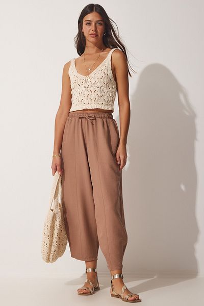 Happiness İstanbul Dunkelbiskuitfarbene Shalwar-Hose aus Leinenviskose mit Taschen für Damen CV00001