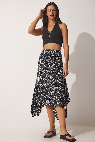Happiness İstanbul Fustă tricotată asimetrică cu model negru vibrant pentru femei MC00177