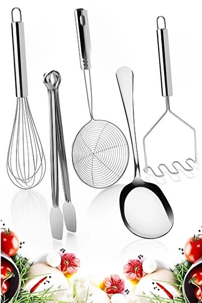 Trouvaille Servis Seti Kepçe Kevgir Süzgeç Izgara Maşası Metal Patates Ezici Çelik Tel Çırpıcı Servis Kaşığı