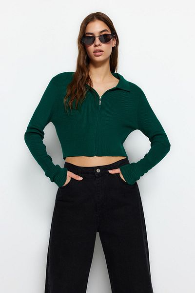 Trendyol Collection Emerald Green Zippered Crop Knitwear Cardigan - Twoaw21Hi0154