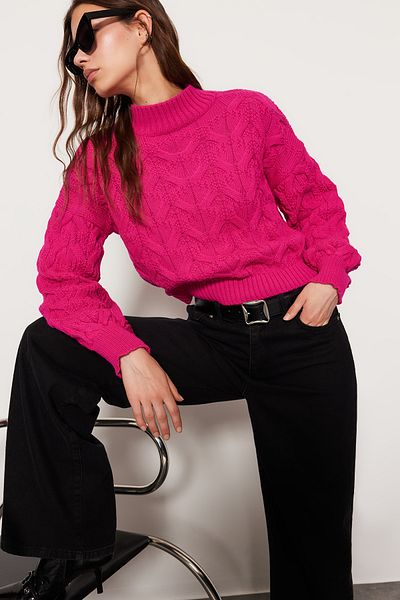 Trendyol Collection Pulover de tricotaj cu guler crop fucsia TWOAW22KZ1634
