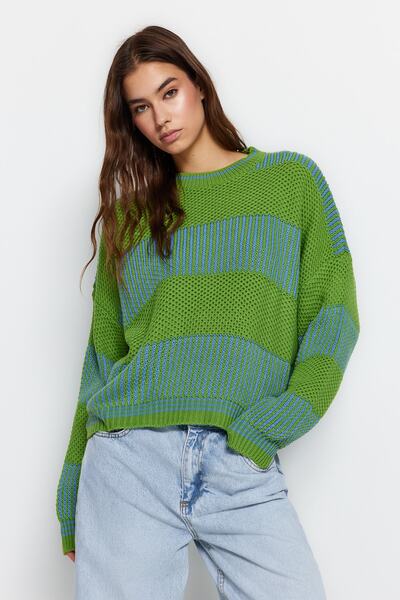 Trendyol Collection Széles szabású világoszöld csíkos kötöttáru pulóver - TWOAW23KZ00012