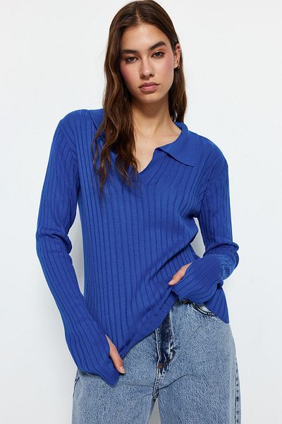 Trendyol Collection Saks Sleeve End részletes pólógallér kötött pulóver TWOAW21KZ1113