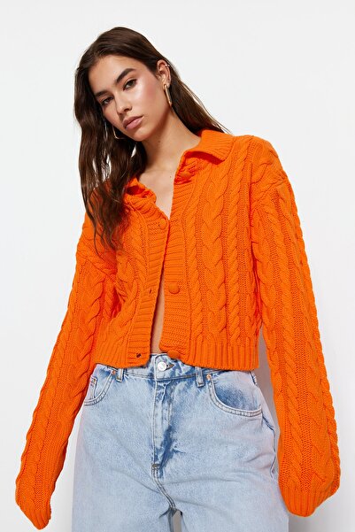 Trendyol Collection Polo Neck Orange Knitwear Crop Cardigan - Twoaw22Hi0448