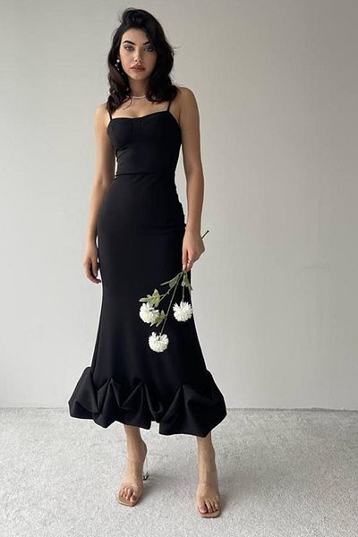 bayansepeti Atlas Fabric Midi Μαύρο Φόρεμα με επένδυση στήθους - Flounced Skirt 161