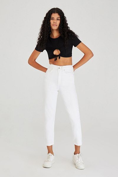 Geppetto Blugi Mom Fit Coral cu talie înaltă - 100% denim Koton, culoare albă