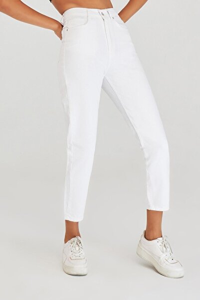 Geppetto High Waist Mom Fit Coral Jeans - 100% Koton Denim, White Color