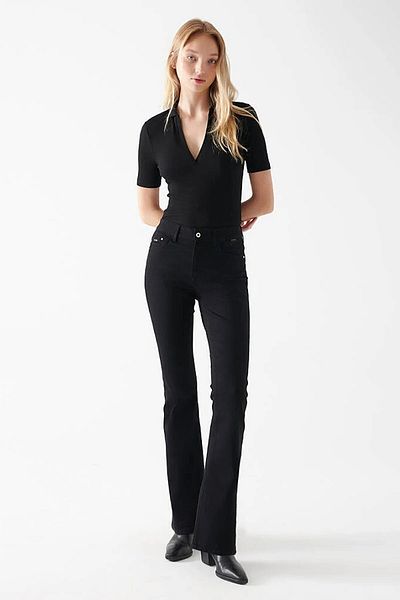 Geppetto Monera, blugi negri flare extra lycra, talie înaltă, picior lung (potrivit)