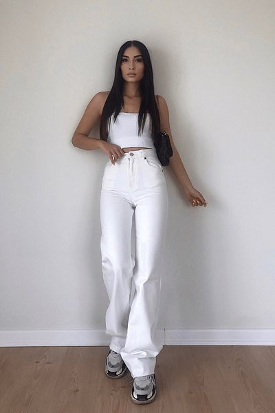 Geppetto Jean cu talie înaltă, alb, cu picior liber, blugi din denim, blugi Palazzo, cu talie înaltă