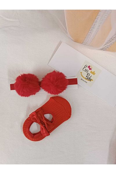 ESES BEBE Red Pompom Bandana Baby Ballerina Socks Set