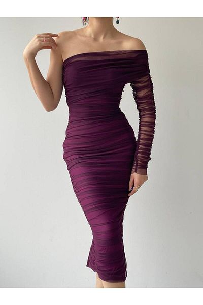 Afiş Butik Rochie midi cu un singur umăr din tul mov prune