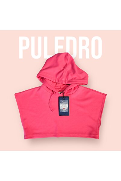 Puledro Kız Çocuk Kapüşonlu Viskon Örme Pembe Crop Kolsuz Tişört 6-15 Yaş