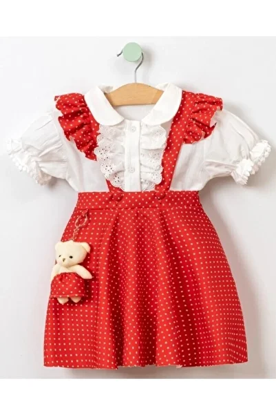 Kalite Durağı Girl's Salopette Dress with Dotted Teddy Bear 1y, 2y, 3y, 4y