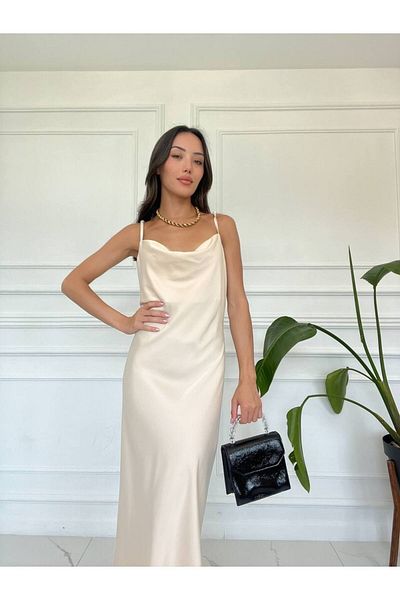 Julishop Julidress Γυναικείο ανοιχτό μπεζ κρεμ λουράκι με λαιμόκοψη Premium σατέν μίντι φόρεμα