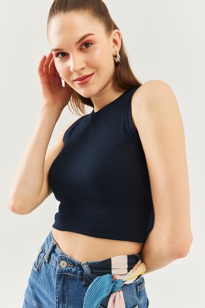 Butikgiz Navy Blue Zero Sleeve Crew Fighted 100% Cotton Camisole Flexible Cro...