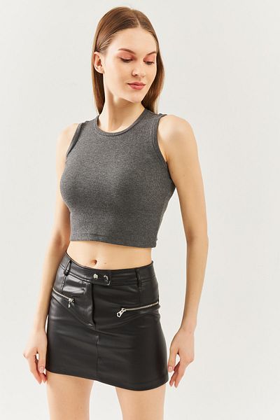 Butikgiz Smoked Zero Sleeve Crew Neck Fitted 100% Cotton Camisole Flexible Crop Blouse