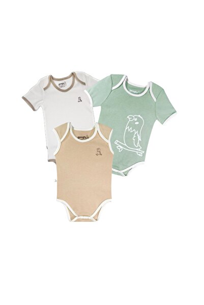 Organik Pamuk Yenidoğan & Bebek 3'lü Yazlık Set Bodysuit Unisex (düz Krem & Yeşil & Kahverengi)