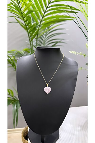 JustGAF Altın / Gold Renk Zincirli Kalp Figürlü Pembe Kuvars Doğal Taş Kolye