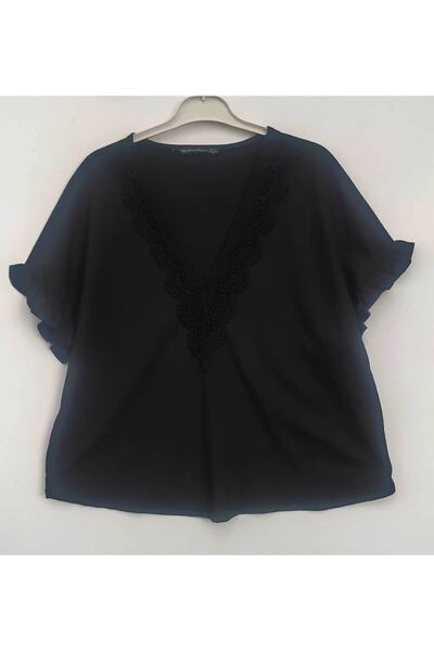 Hepsibitarz Kadın Siyah Yakası Dantel Detaylı Bluz