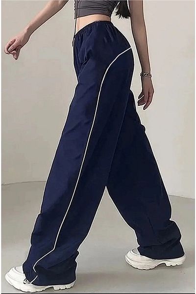 Gofeel Harajuku Navy Blue Elastic Waist Striped Parachute Baggy Unisex Pants