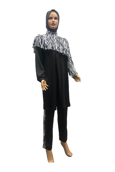 eflin Women's Clothing Large Size Zebra Pattern Full Covered Hijab Swimsuit Black Bonnet Included