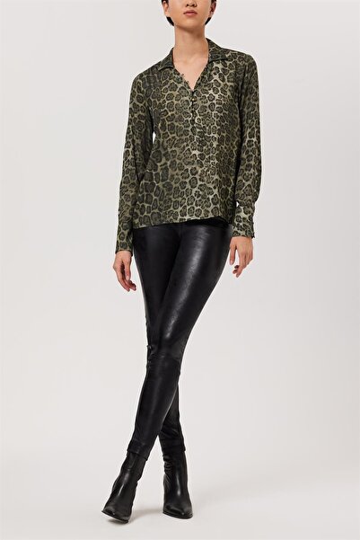 Greno Kadın Haki Leopar Baskılı Yakalı Uzun Kollu Gömlek