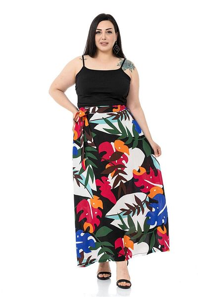 DISENTIS MODEST Large Size Elastic Waist Back Flared Pocket Belted Long Colored Skirt