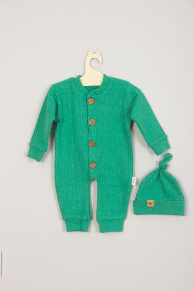 ADABEBEK 100% Cotton Wooden Buttoned Ribbed Style Hat Baby Romper