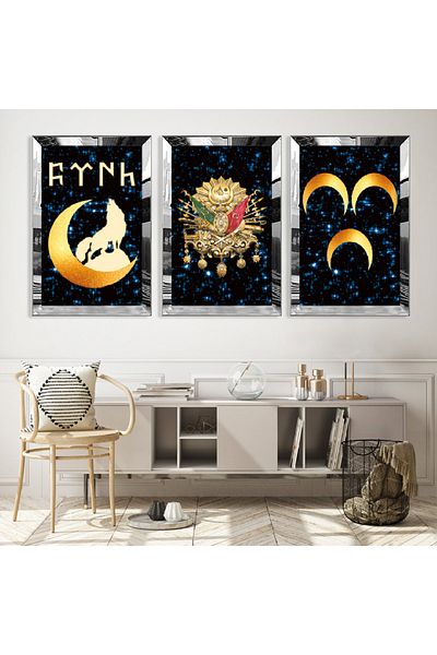 Zevahir Mobilya Dekorasyon Set de masă din MDF triplu Göktürk 3hilal cu cadru din plexiglas cu oglindă argintie