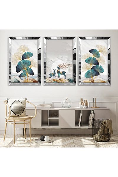 Zevahir Mobilya Dekorasyon Set de picturi din MDF triplu cu model abstract triplu minimalist cu cadru din plexiglas cu oglindă argintie