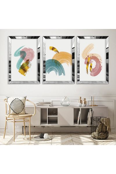 Zevahir Mobilya Dekorasyon Set de picturi din MDF triplu cu model abstract triplu cu cadru din plexiglas cu oglindă argintie