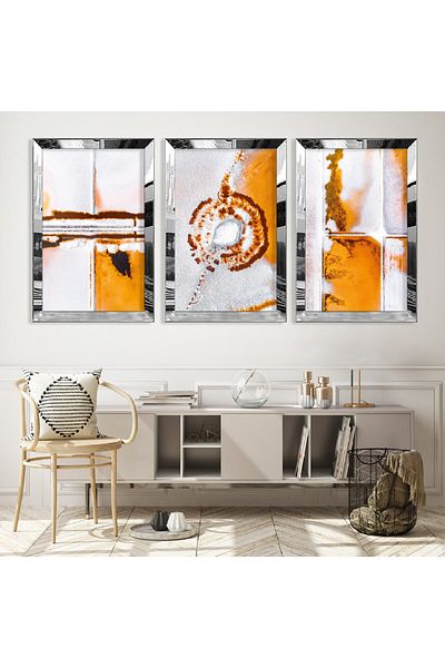 Zevahir Mobilya Dekorasyon Set de picturi din MDF triplu cu model abstract triplu cu cadru din plexiglas cu oglindă argintie