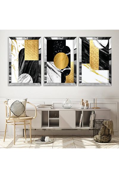 Zevahir Mobilya Dekorasyon Set de pictură triplu MDF cu forme triplu abstracte cu cadru din plexiglas cu oglindă argintie