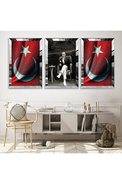Zevahir Mobilya Dekorasyon Set de pictură din MDF triplu cu steag turcesc și Atatürk cu cadru din plexiglas cu oglindă argintie