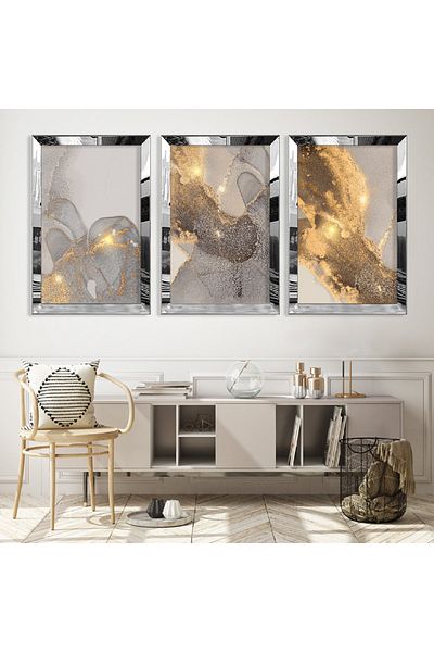 Zevahir Mobilya Dekorasyon Set de pictură din MDF triplu cu cadru din plexiglas cu oglindă argintie