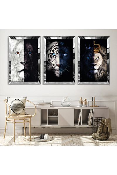 Zevahir Mobilya Dekorasyon Set de masă din MDF King Lion cu cadru din plexiglas cu oglindă argintie