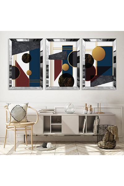 Zevahir Mobilya Dekorasyon Set de picturi din MDF triplu cu model abstract triplu cu cadru din plexiglas cu oglindă argintie