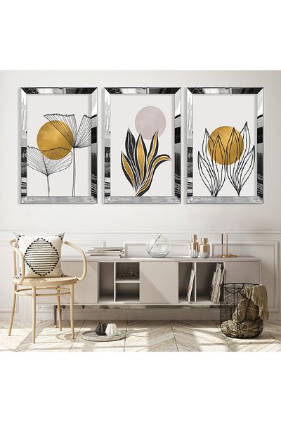 Zevahir Mobilya Dekorasyon Set de picturi din MDF triplu cu model abstract triplu cu plantă și soare cu cadru din plexiglas cu oglindă argintie