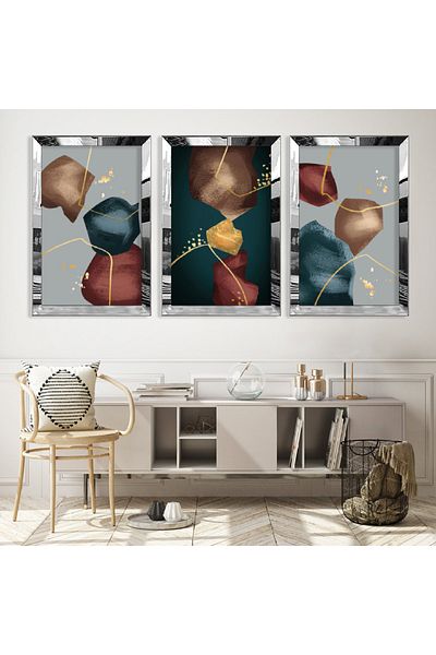 Zevahir Mobilya Dekorasyon Set de picturi din MDF triplu cu model abstract triplu minimalist cu cadru din plexiglas cu oglindă argintie