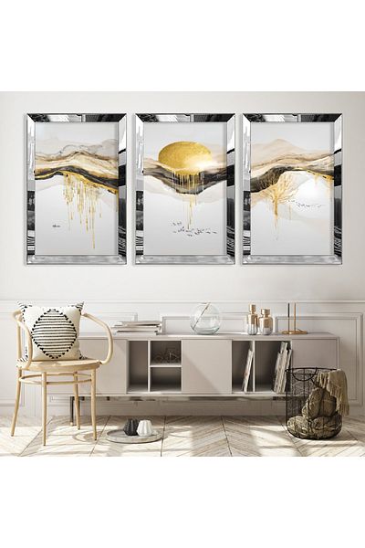Zevahir Mobilya Dekorasyon Set de pictură din MDF triplu cu cadru din plexiglas cu oglindă argintie