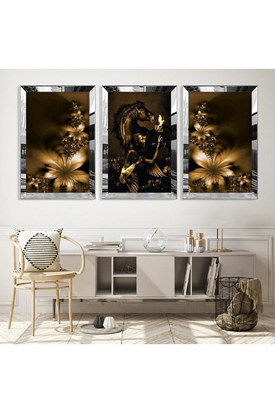 Zevahir Mobilya Dekorasyon Set de masă din MDF cu trei flori cu cadru din plexiglas cu oglindă argintie