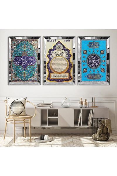 Zevahir Mobilya Dekorasyon Set de pictură din MDF triplu religios Hilye-i Sheriff cu cadru din plexiglas cu oglindă argintie