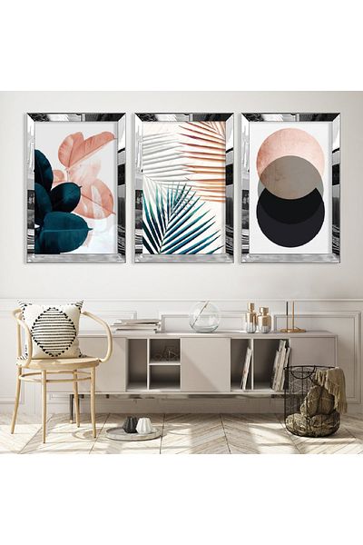 Zevahir Mobilya Dekorasyon Set de pictură din MDF triplu cu cadru din plexiglas cu oglindă argintie