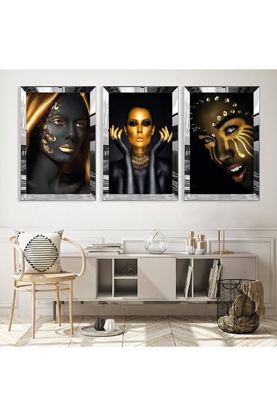 Zevahir Mobilya Dekorasyon Set de pictură din MDF triplu pentru femei africane cu cadru din plexiglas cu oglindă argintie